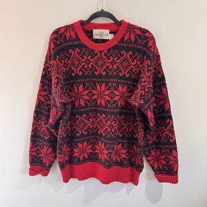 Vintage 80s Cabin Fever Sweater L Mens Fair Isle Snowflake Holiday Red Cotton